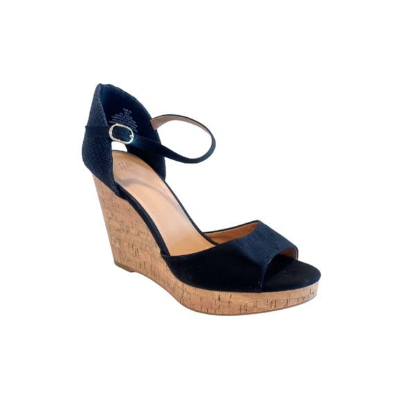 H&M Sandals Wedge Platform Heeled Ankle Strap Cork Fabric Black Women's Size 8 - Picture 1 of 8